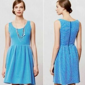 Maeve Anthropologie Caldera Textured Fit and Flare Dress Blue Polka Dot Large